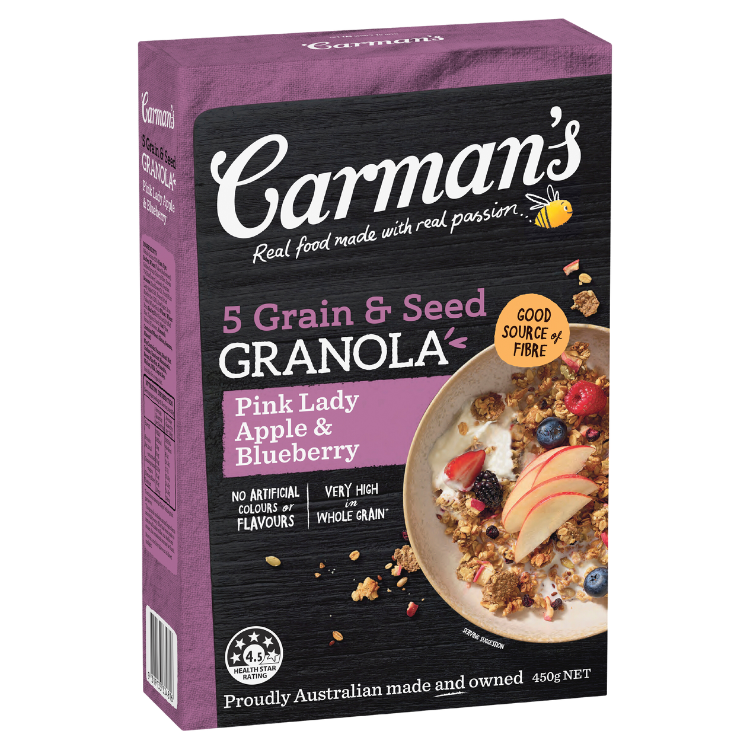 CARMANS GRANOLA 5 GRAIN SUPERSEED PINK LADY APPLE & BLUEBERRY (G6AB)