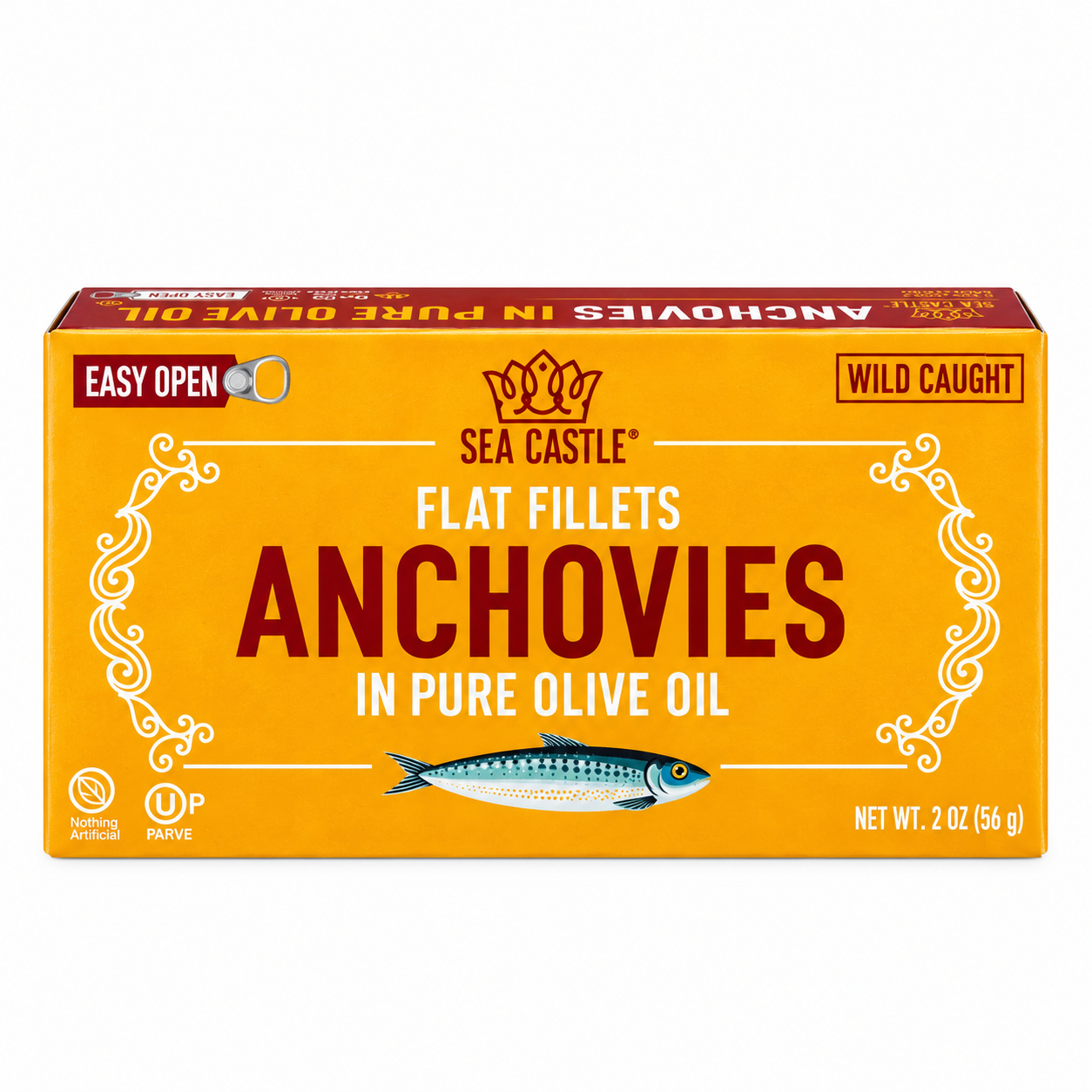 SEA CASTLE ANCHOVIES FLAT FILLETS OLIVE OIL 56G X 12
