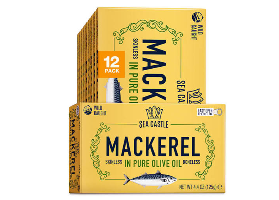 SEA CASTLE MACKEREL SKINLESS & BONELESS FILLETS OLIVE OIL 125G X 12