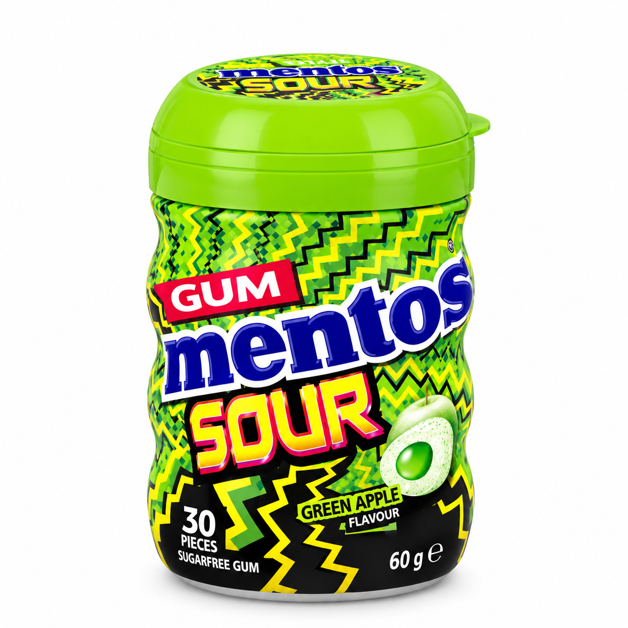 MENTOS GUM BOTTLE SOUR APPLE 30PC 60G SUGAR FREE X 24