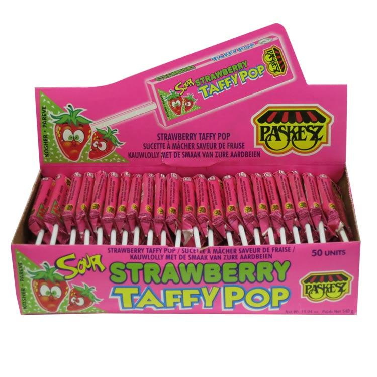 Paskesz Taffy Pops Sour Strawberry Display Box 50Pk 540Gr